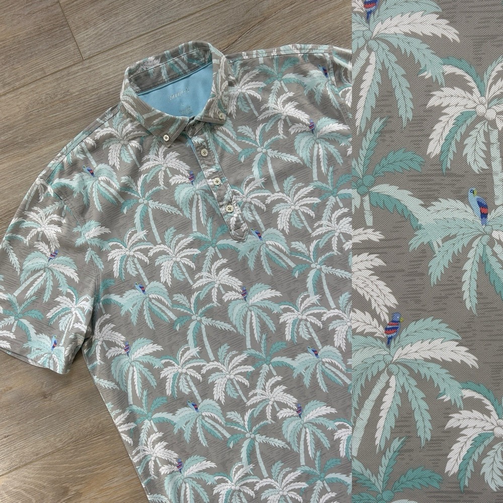 Johnnie-O Stretch Polo Shirt Large Mauna Lani Golf Wicking Palm Tree Parrot Logo